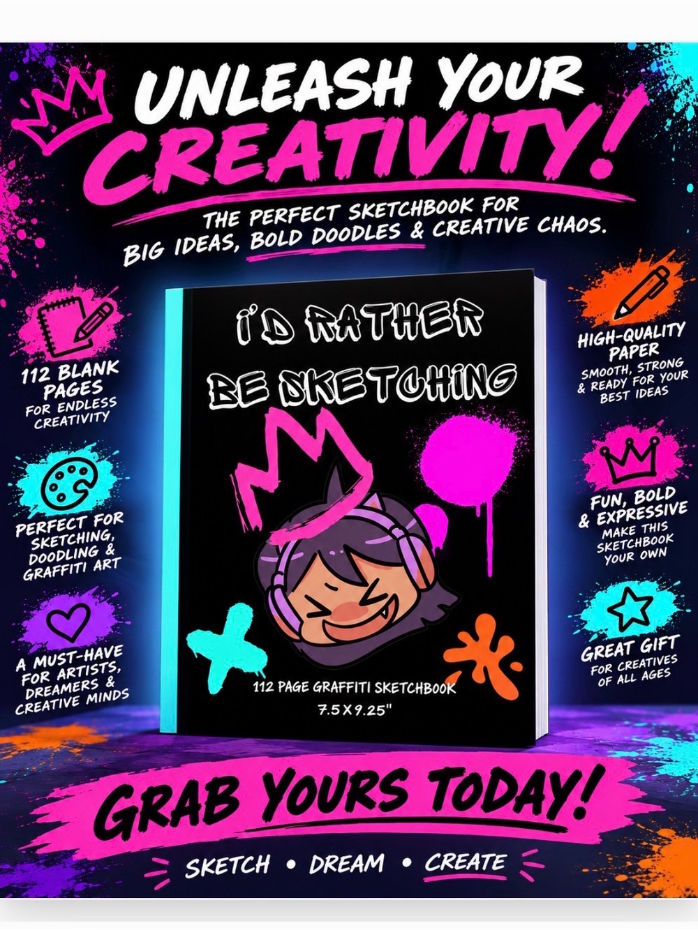 I'D RATHER BE SKETCHING Graffiti Sketchbook - Neon Cover